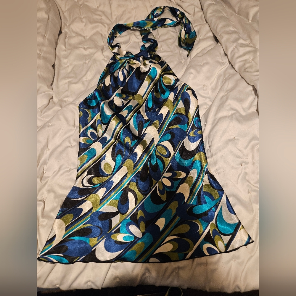 Byer California Blue, Teal, Navy, Olive Patterned Satin Halter Top